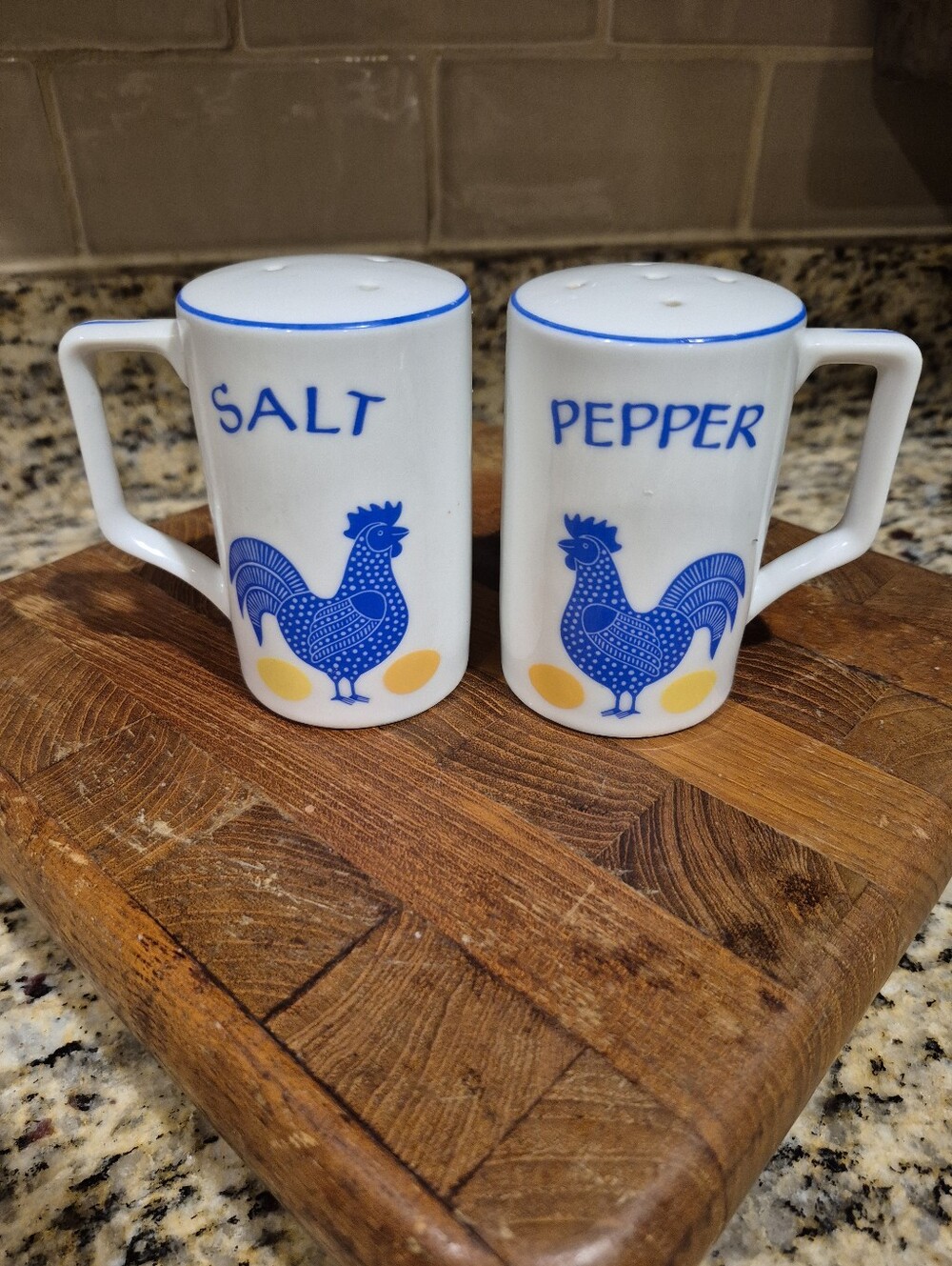 Vintage Blue Rooster Ceramic Salt and Pepper Shaker Set
